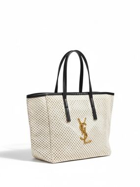 Woven Cream Tote with Black Leather Handles and Gold Logo